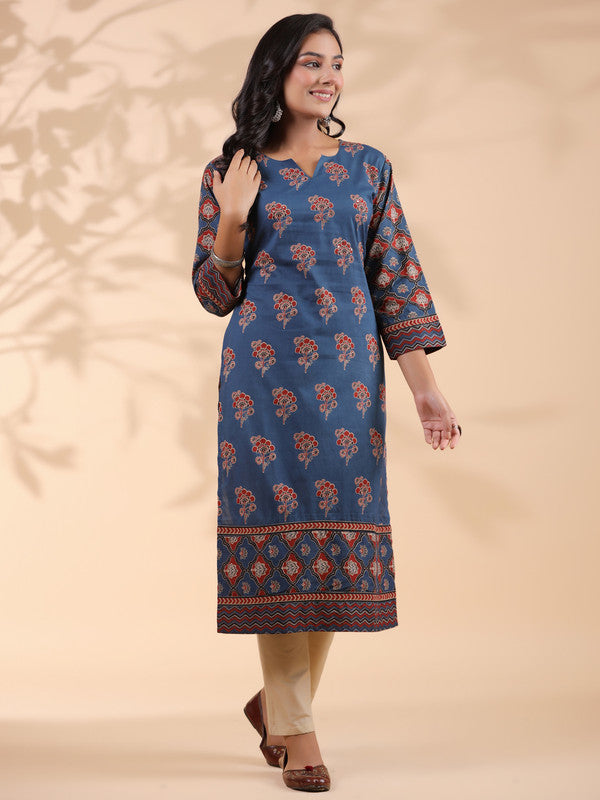 Blue Floral Print Straight Cotton Stitched Kurta