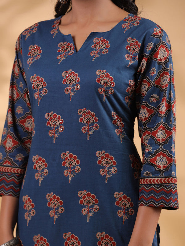 Blue Floral Print Straight Cotton Stitched Kurta