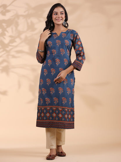 Blue Floral Print Straight Cotton Stitched Kurta