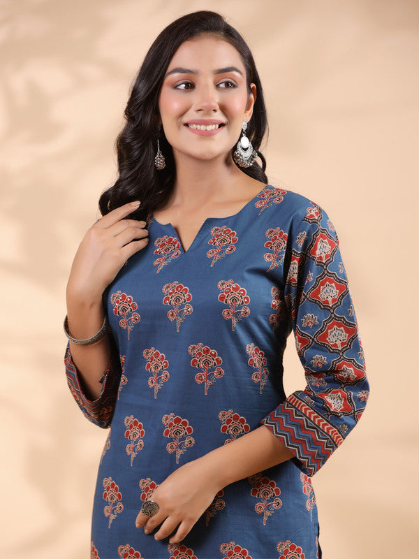 Blue Floral Print Straight Cotton Stitched Kurta