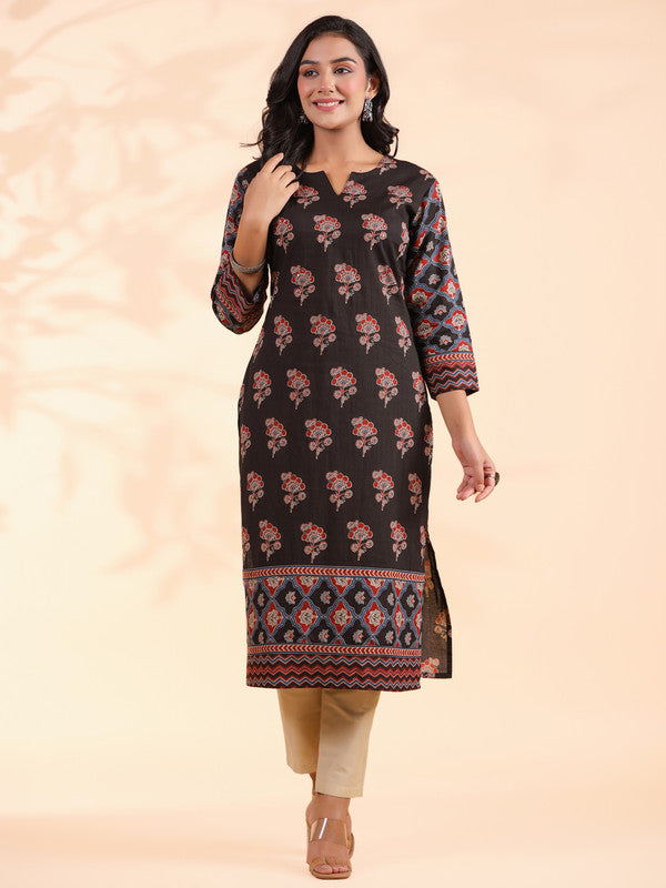 Black Floral Print Straight Cotton Stitched Kurta