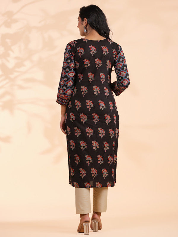 Black Floral Print Straight Cotton Stitched Kurta