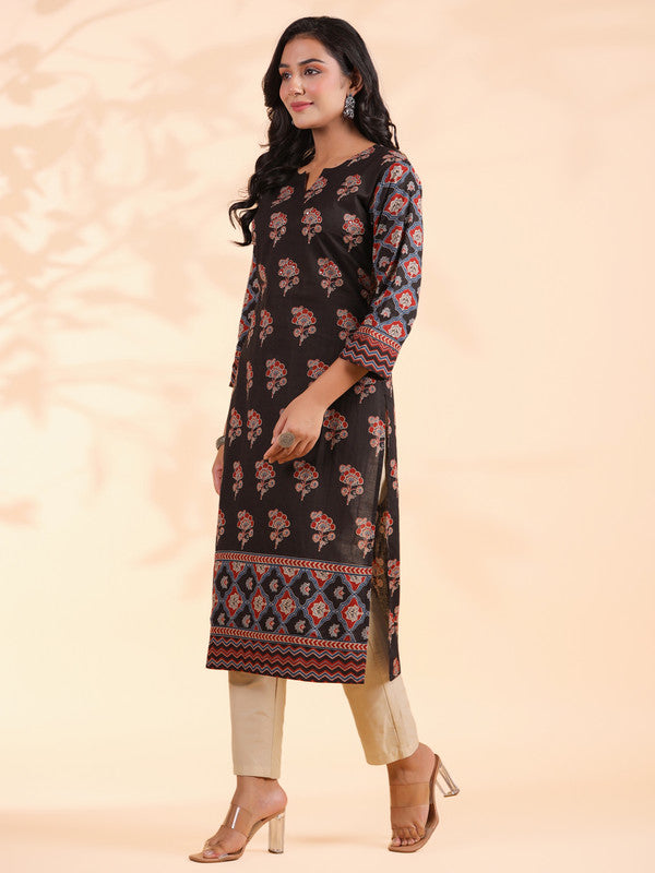 Black Floral Print Straight Cotton Stitched Kurta