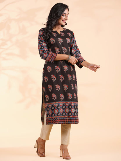 Black Floral Print Straight Cotton Stitched Kurta