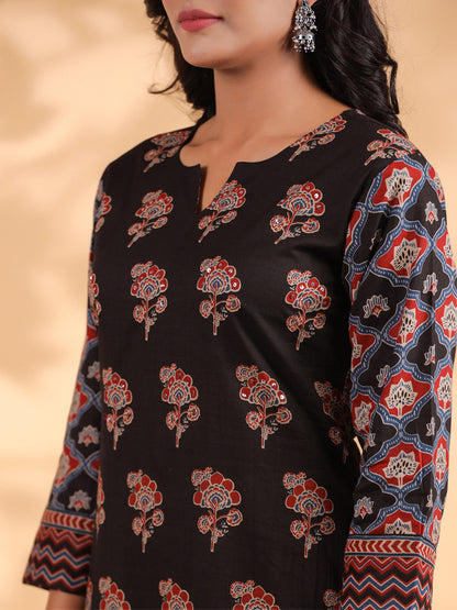 Black Floral Print Straight Cotton Stitched Kurta