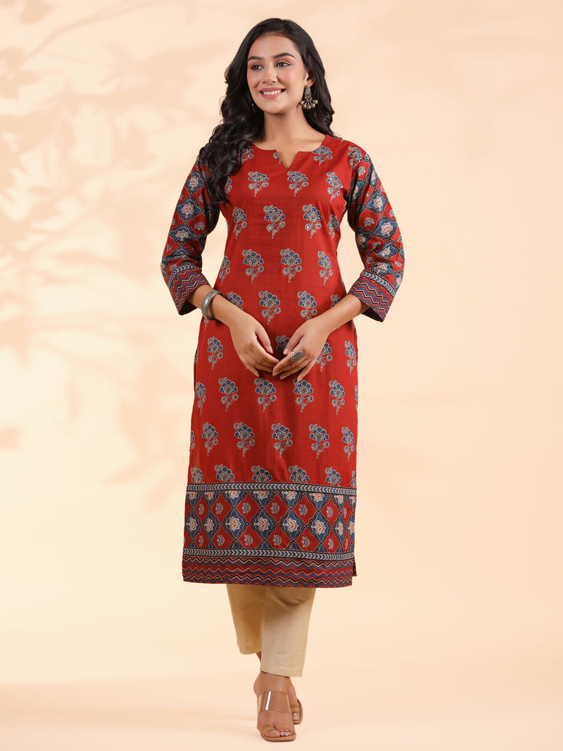 Red Floral Print Straight Cotton Stitched Kurta