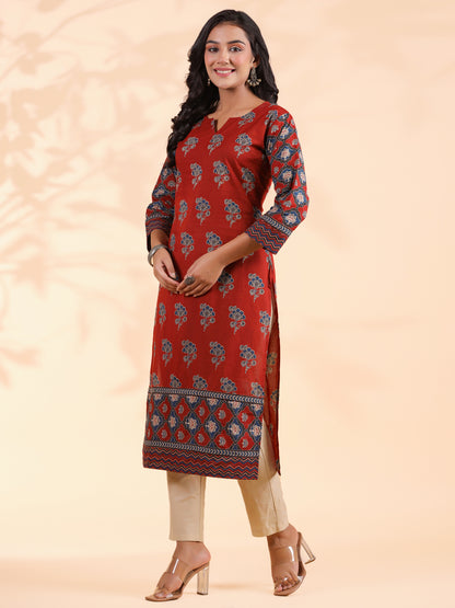 Red Floral Print Straight Cotton Stitched Kurta