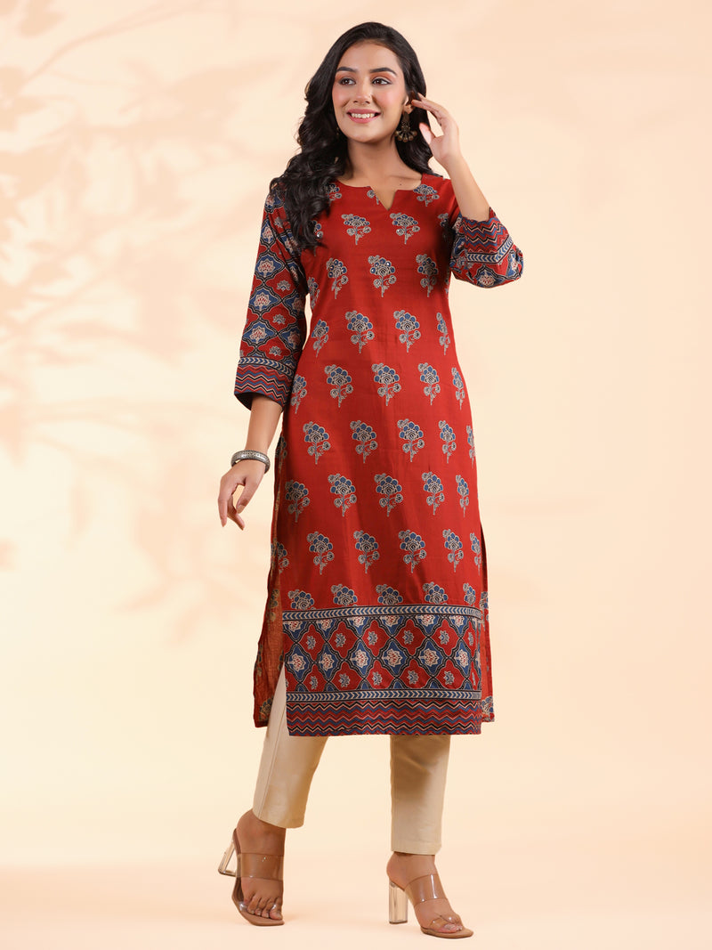 Red Floral Print Straight Cotton Stitched Kurta