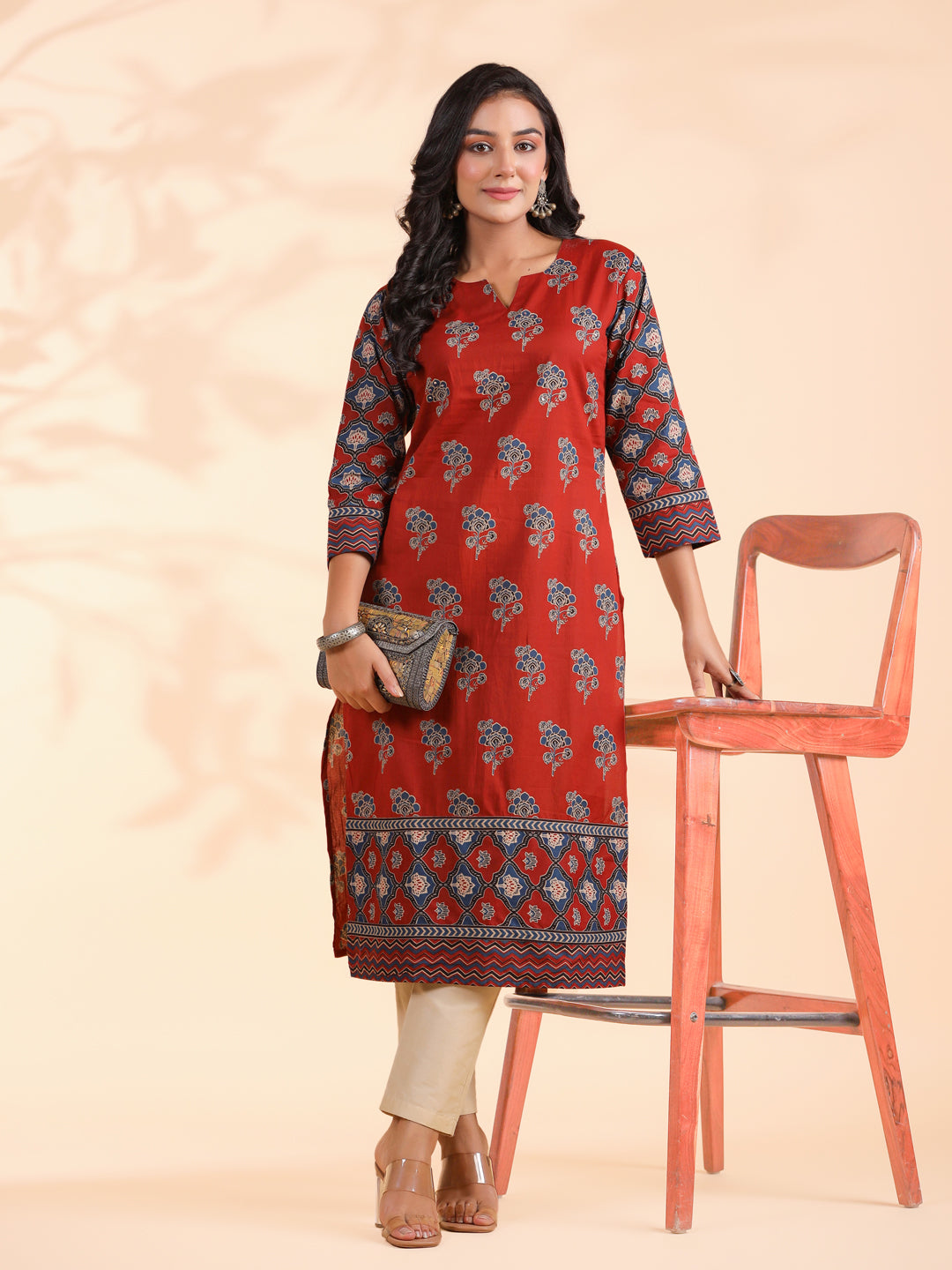 Red Floral Print Straight Cotton Stitched Kurta