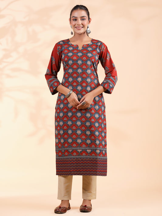 Red Floral Print Straight Cotton Stitched Kurta