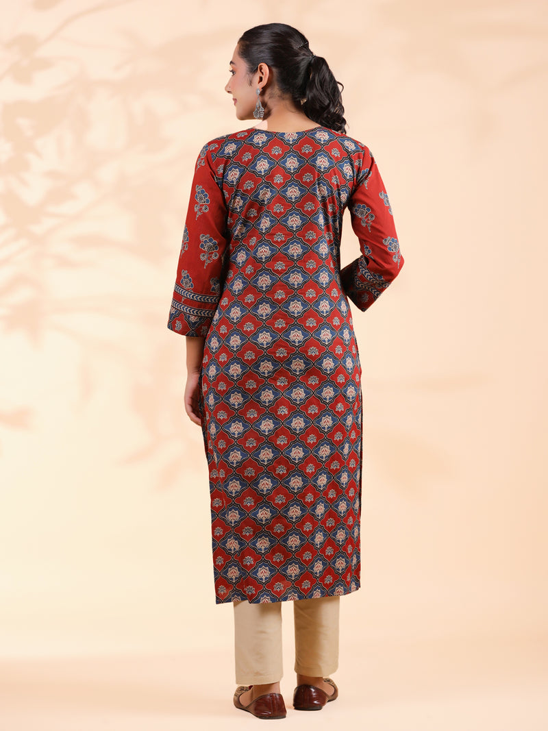 Red Floral Print Straight Cotton Stitched Kurta