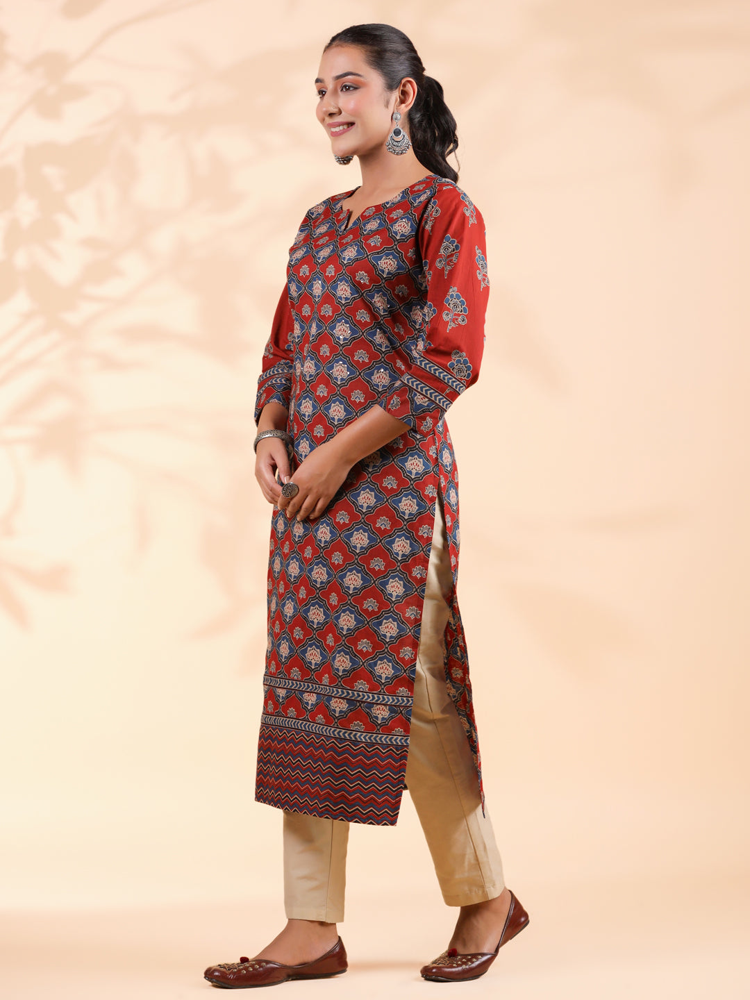 Red Floral Print Straight Cotton Stitched Kurta