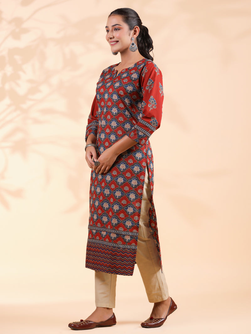 Red Floral Print Straight Cotton Stitched Kurta