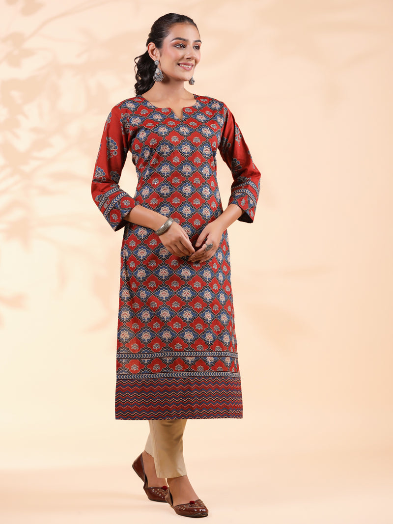 Red Floral Print Straight Cotton Stitched Kurta