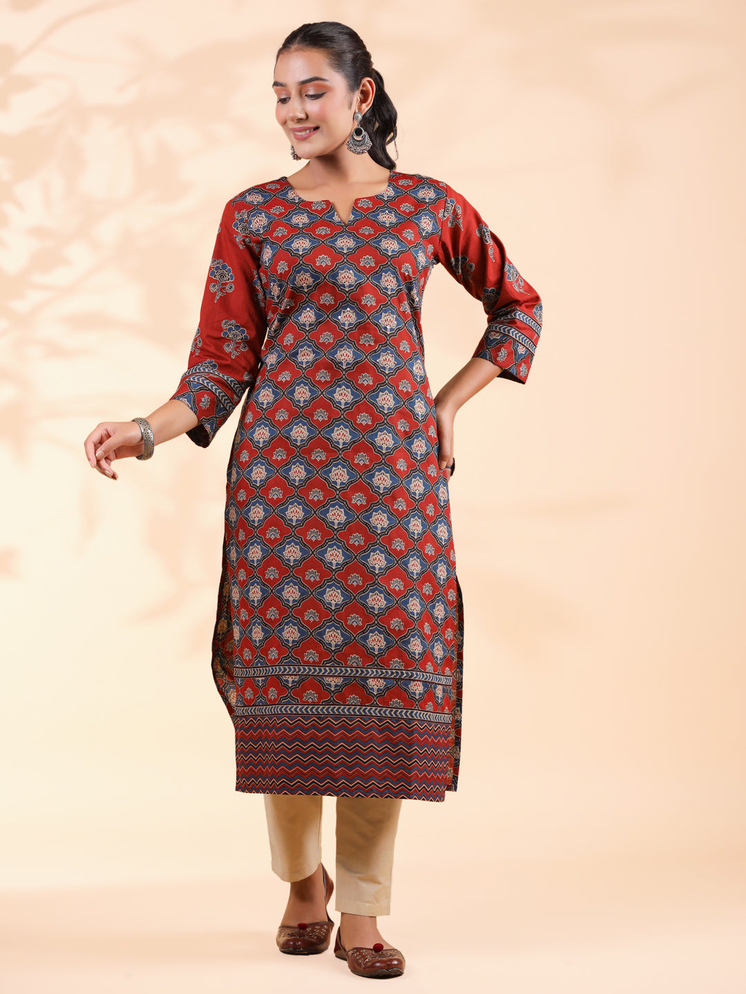 Red Floral Print Straight Cotton Stitched Kurta