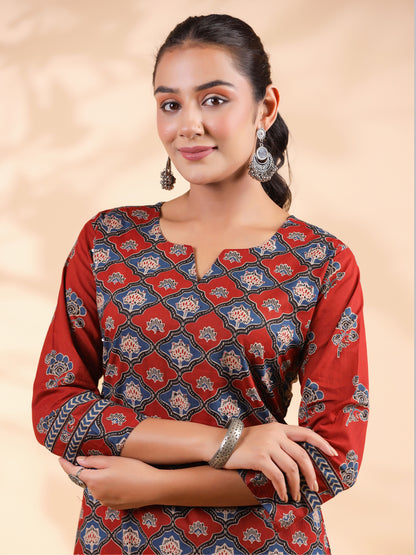 Red Floral Print Straight Cotton Stitched Kurta