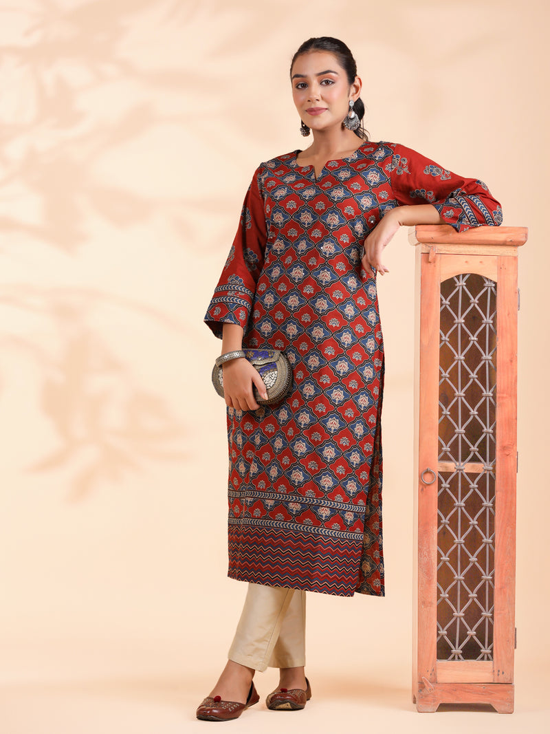 Red Floral Print Straight Cotton Stitched Kurta