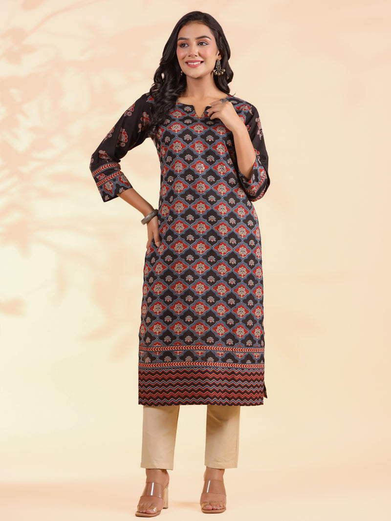 Black Floral Print Straight Cotton Stitched Kurta