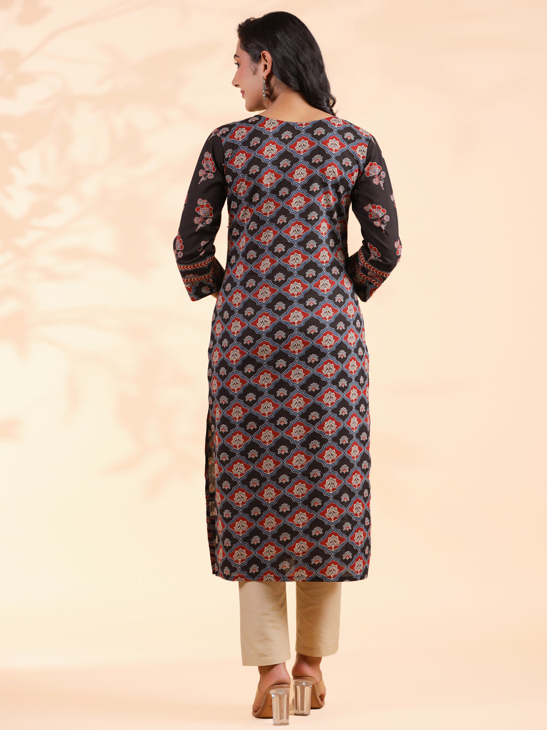 Black Floral Print Straight Cotton Stitched Kurta