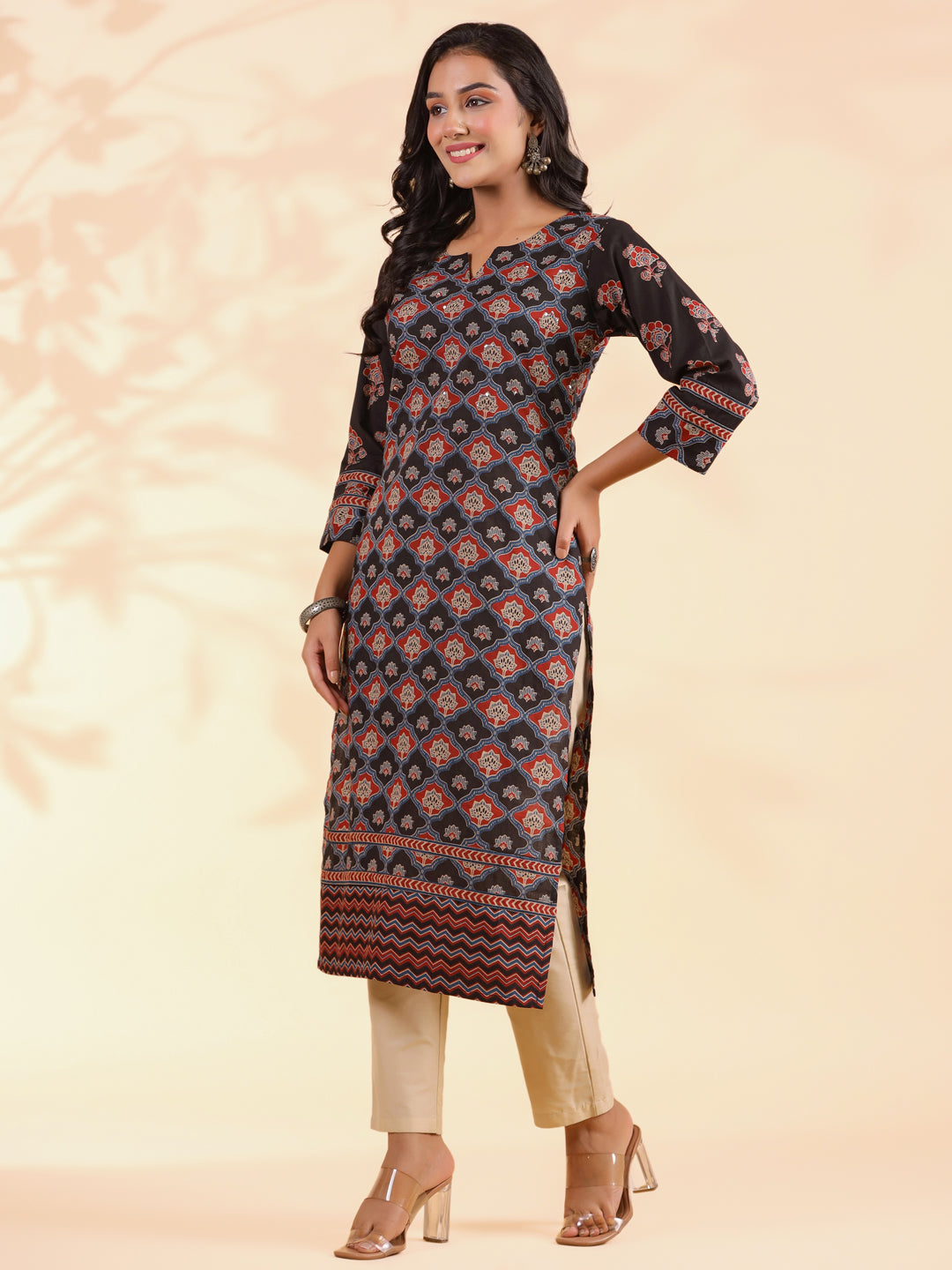 Black Floral Print Straight Cotton Stitched Kurta