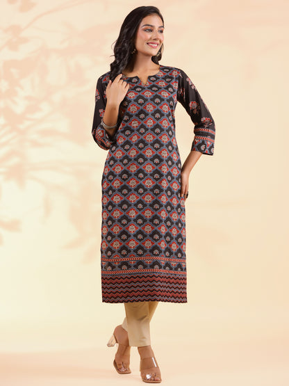 Black Floral Print Straight Cotton Stitched Kurta