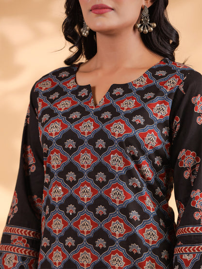 Black Floral Print Straight Cotton Stitched Kurta