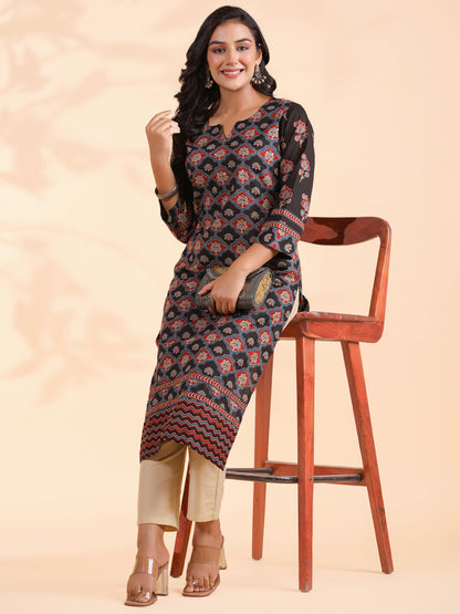 Black Floral Print Straight Cotton Stitched Kurta