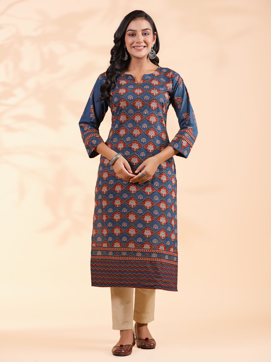 Blue Floral Print Straight Cotton Stitched Kurta