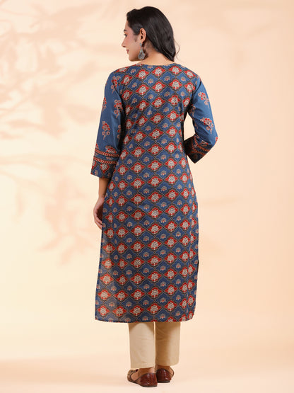 Blue Floral Print Straight Cotton Stitched Kurta