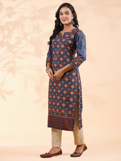 Blue Floral Print Straight Cotton Stitched Kurta