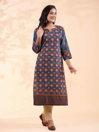 Blue Floral Print Straight Cotton Stitched Kurta