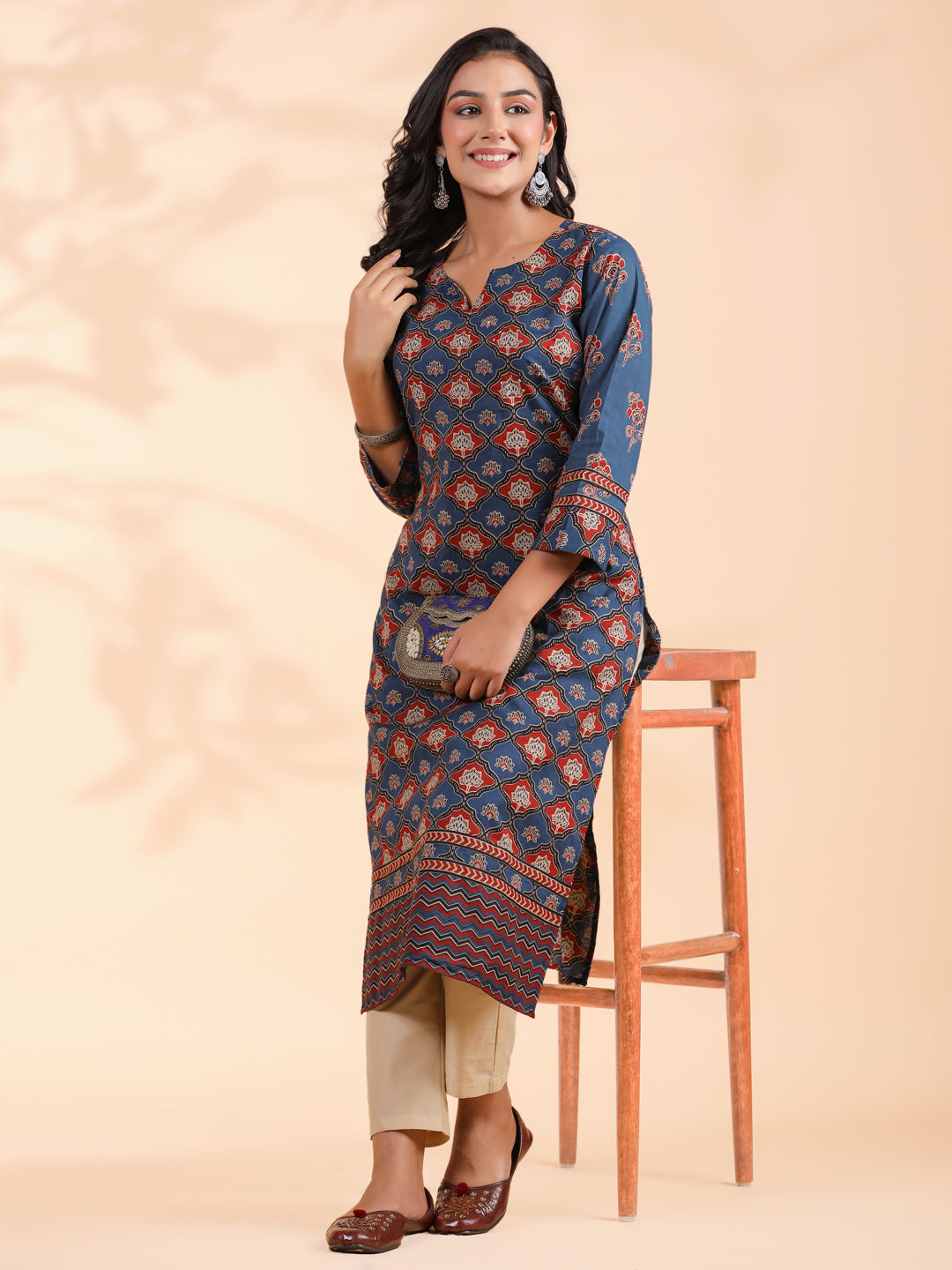 Blue Floral Print Straight Cotton Stitched Kurta