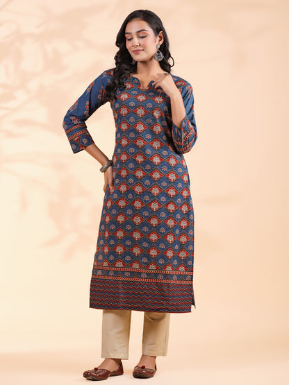 Blue Floral Print Straight Cotton Stitched Kurta