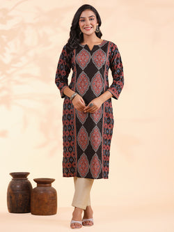 Black Sequence Work Straight Cotton Stitched Kurta