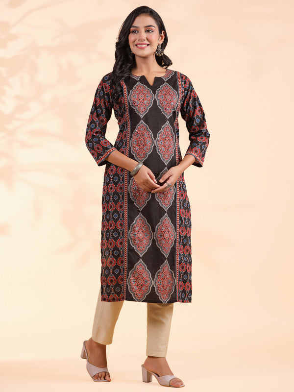 Black Sequence Work Straight Cotton Stitched Kurta