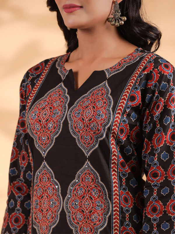 Black Sequence Work Straight Cotton Stitched Kurta