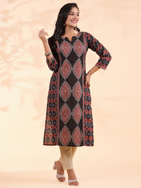 Black Sequence Work Straight Cotton Stitched Kurta