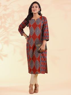 Red Sequence Work Straight Cotton Stitched Kurta