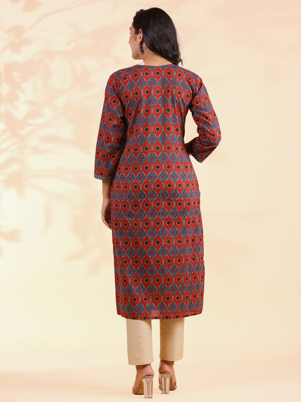 Red Sequence Work Straight Cotton Stitched Kurta