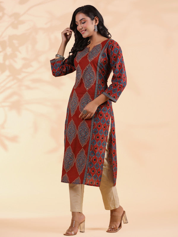 Red Sequence Work Straight Cotton Stitched Kurta