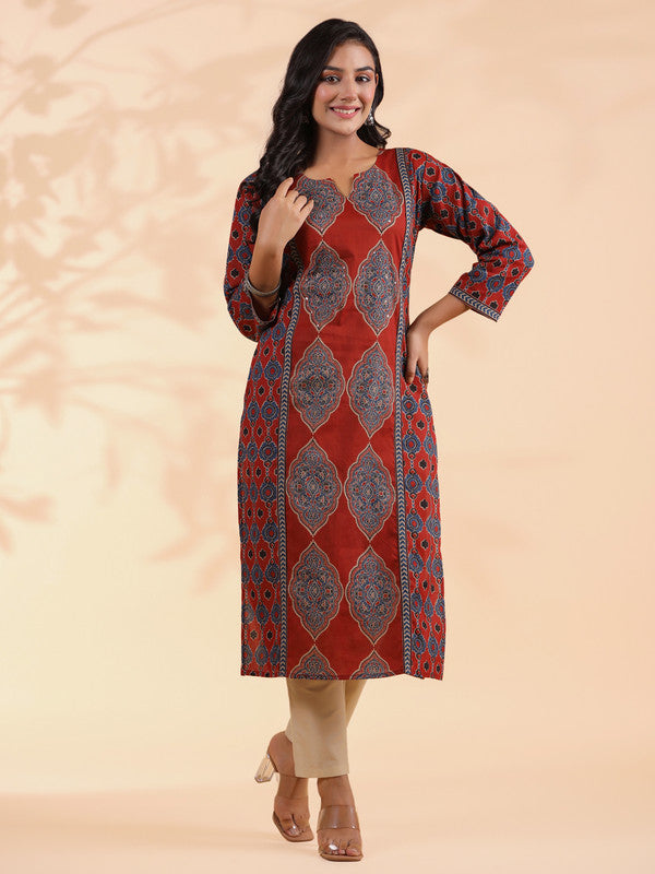 Red Sequence Work Straight Cotton Stitched Kurta