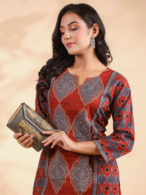 Red Sequence Work Straight Cotton Stitched Kurta