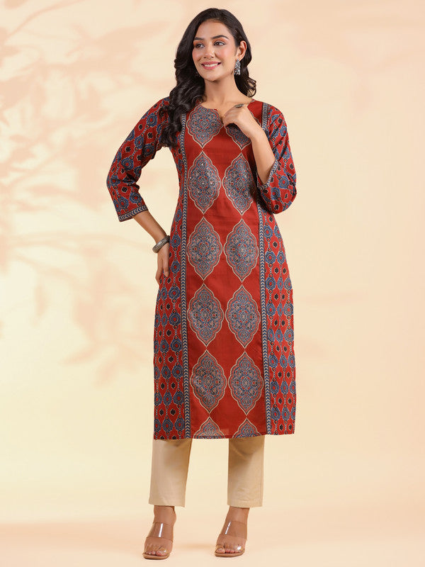 Red Sequence Work Straight Cotton Stitched Kurta