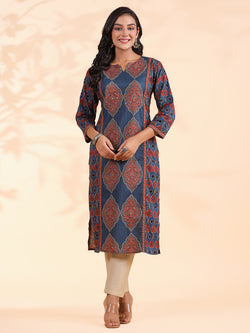 Blue Sequence Work Straight Cotton Stitched Kurta