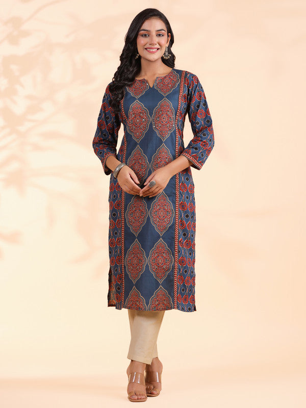 Blue Sequence Work Straight Cotton Stitched Kurta