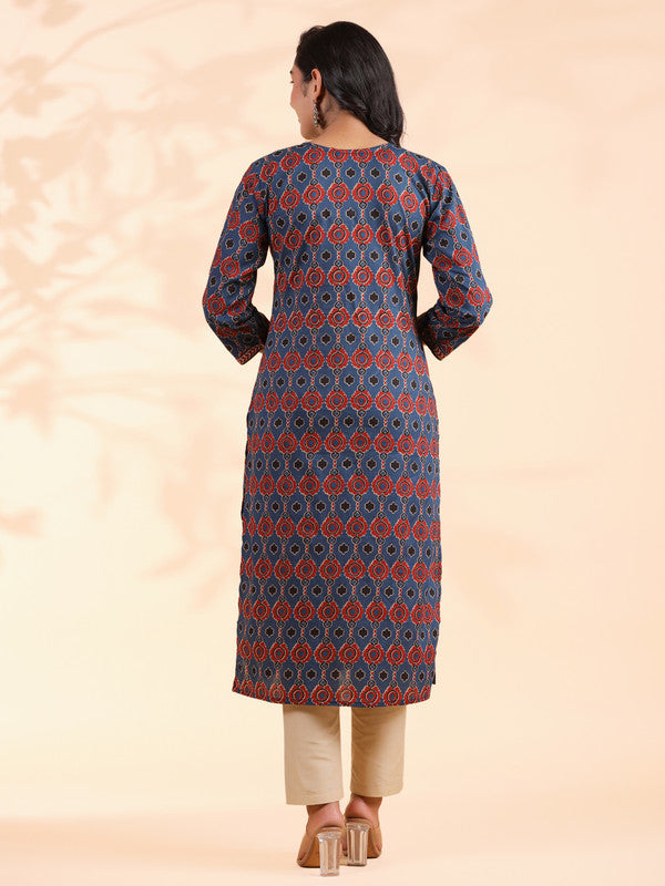 Blue Sequence Work Straight Cotton Stitched Kurta