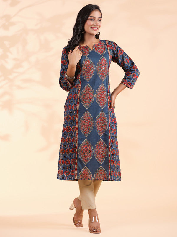 Blue Sequence Work Straight Cotton Stitched Kurta