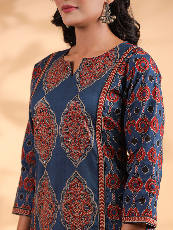 Blue Sequence Work Straight Cotton Stitched Kurta