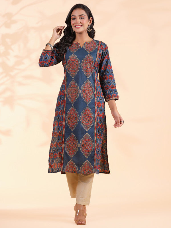 Blue Sequence Work Straight Cotton Stitched Kurta