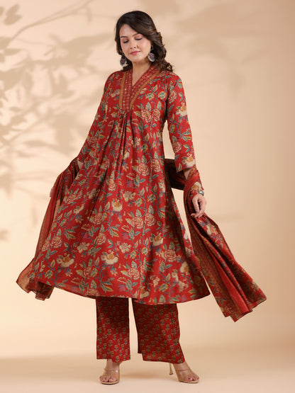 Red Floral Print Alia Cut Cotton Stitched Kurta Set